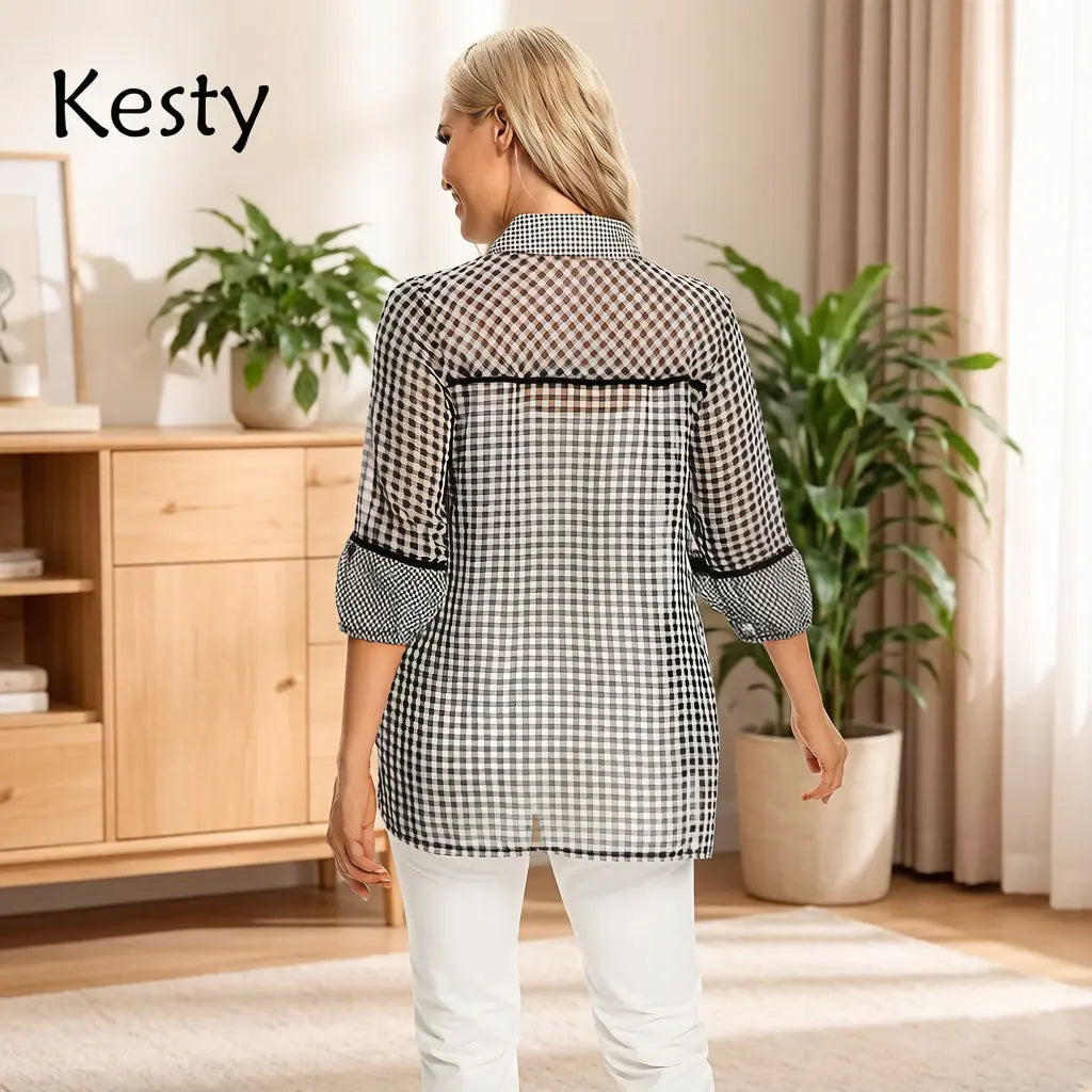 Women's Gingham Check Shirt – Black Plaid Button-Down Top
