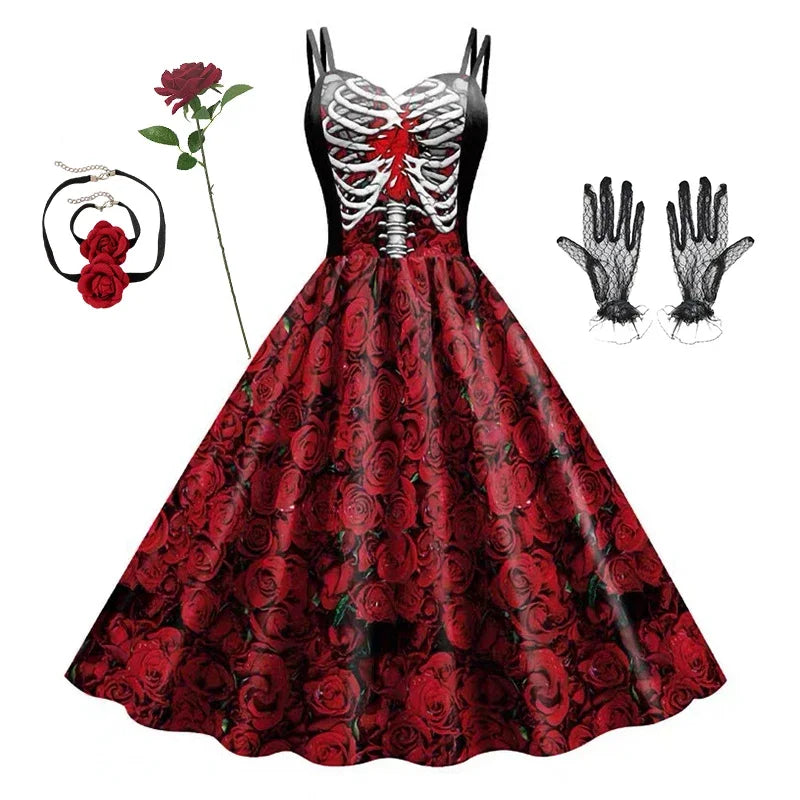 Halloween Skull Print Halter Dress | Gothic Party Dress for Women
