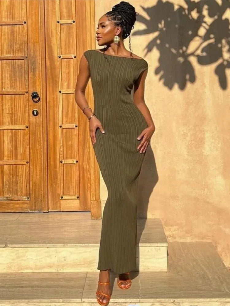 Cotton Knitted Stripe Dresses For Women Solid Color Sleeveless O Neck Ladies Party Long Dress 2025 New Casual Commuting Vestidos