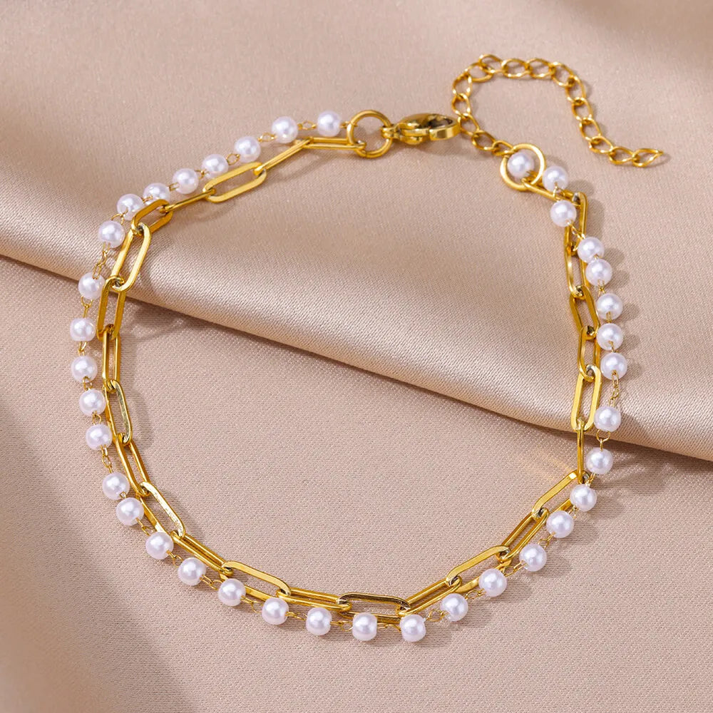 Women's Gold Pearl Anklet – Stainless Steel Summer Beach Ankle Bracelet