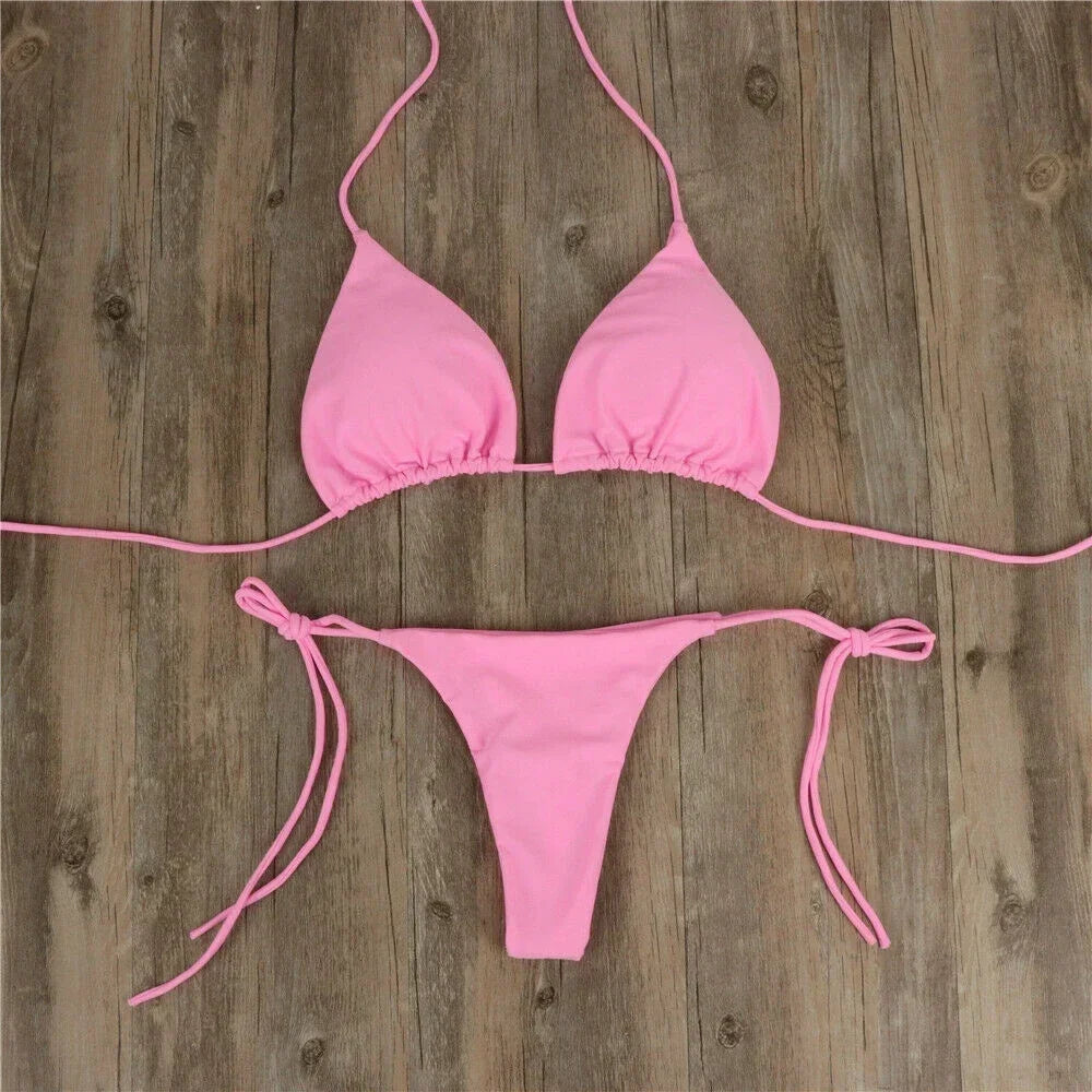 Pink Swimsuit Bikini Women Solid Color Sexy High Leg Thong Swimwear Bikinis Sets Female 2 Piece Bathing Suit Beachwear