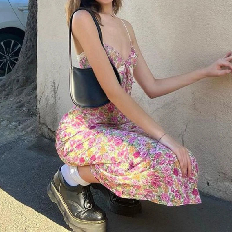 Women's Floral Print Lace Suspenders Dress – Summer Beach Outfit