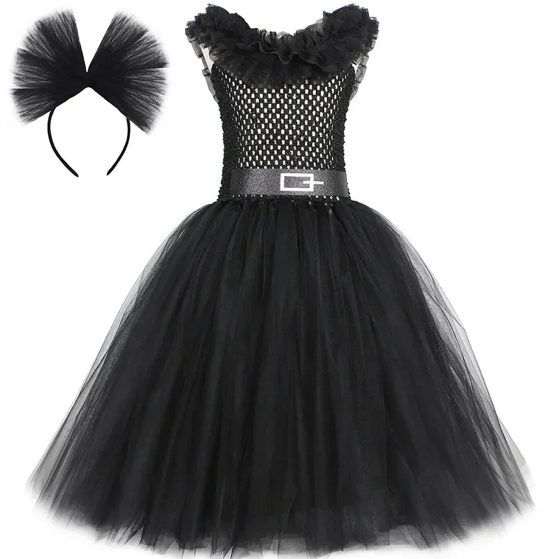 Girls Gothic Halloween Tutu Dress | Wednesday Black Lace Costume
