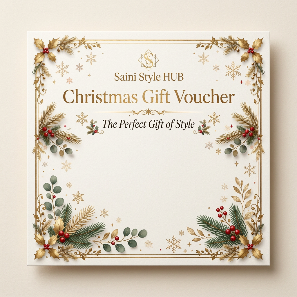 Saini Style HUB Christmas gift voucher in ivory and gold